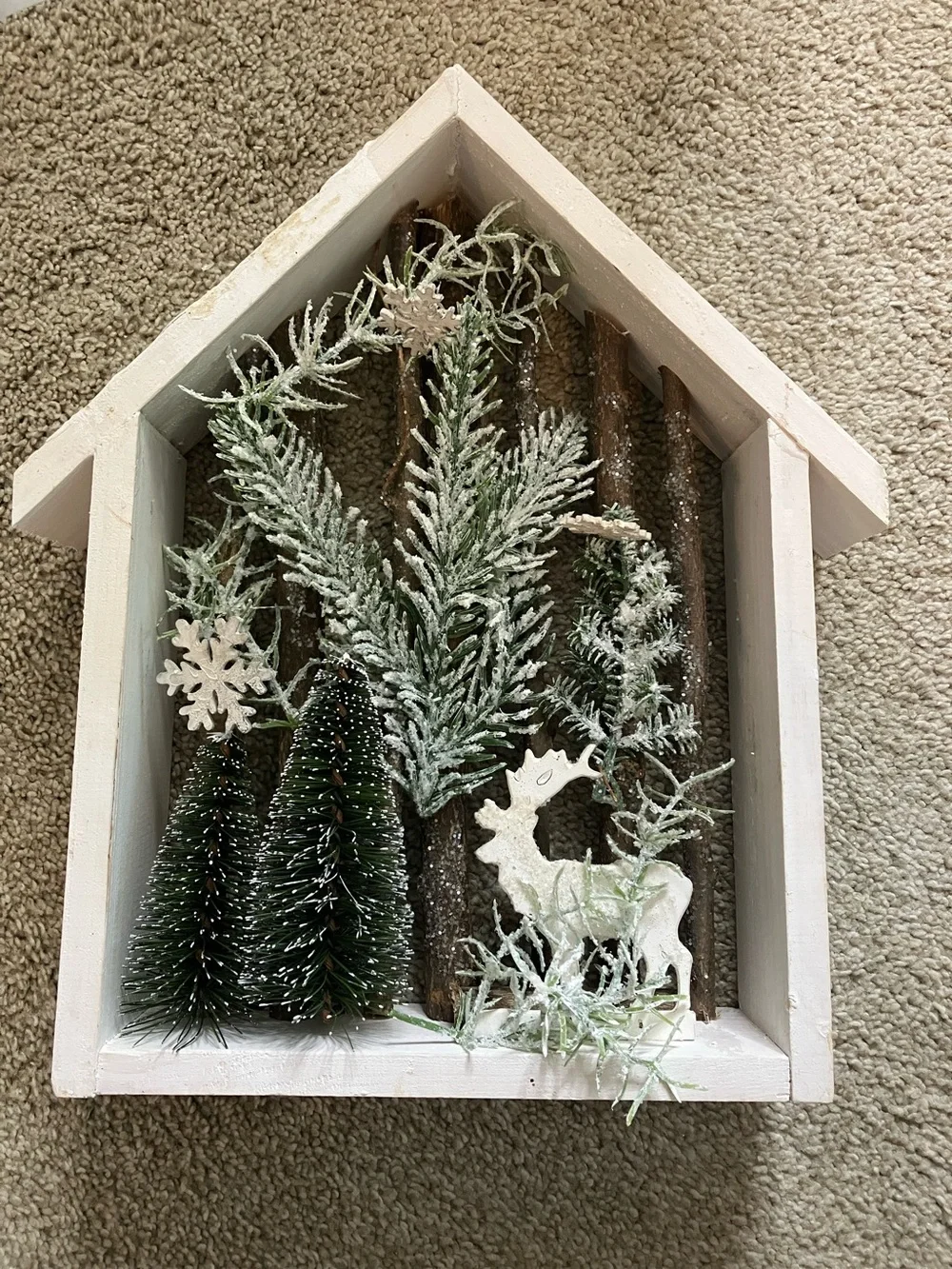 Hobby Lobby White Wooden House Wall Décor with Green Flocked Foliage